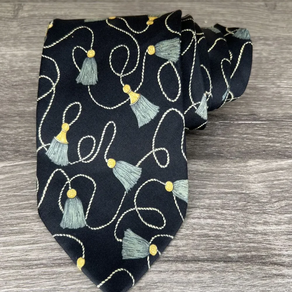 Bottega Veneta Italy Silk Tie Black Green Gold Tassel Print 58” X 3.5